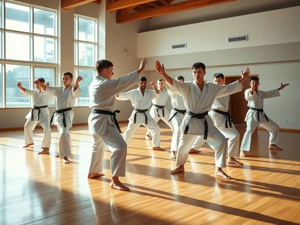 A photograph of students practicing a synchronized karate form (kata) with precision and focus. The image highlights the structured training approach at SHOTOKAN KARATE DES CORBIERES, emphasizing discipline and technique.