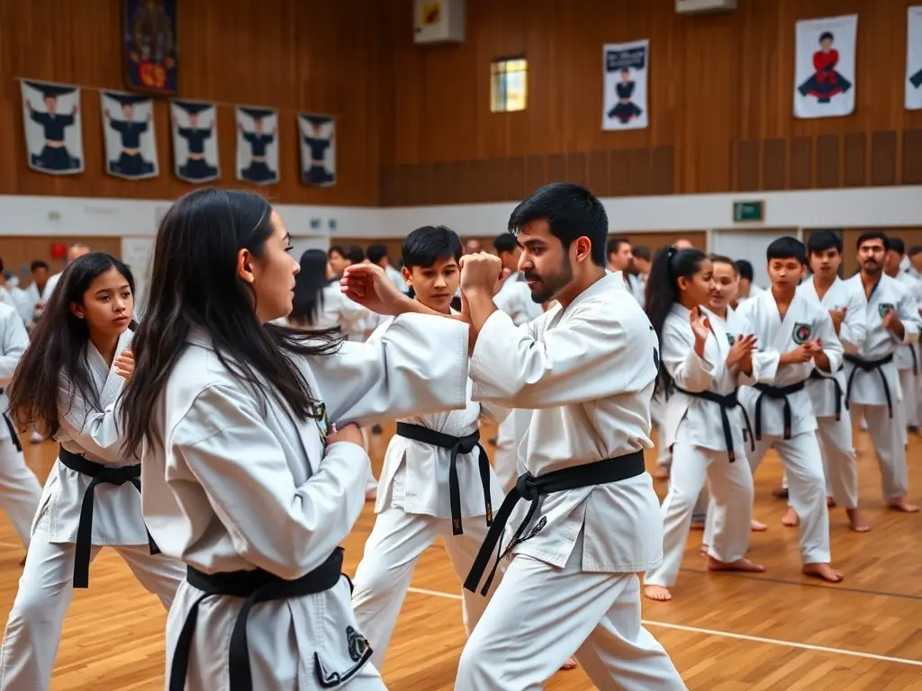 A diverse group of karate students participating in a kumite (sparring) session during a tournament. The focus is on controlled techniques and sportsmanship.