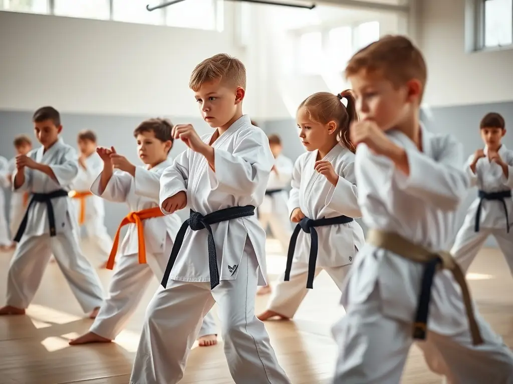 A group of children in white karate uniforms practicing basic stances under the guidance of an instructor in a dojo setting, emphasizing discipline and focus.