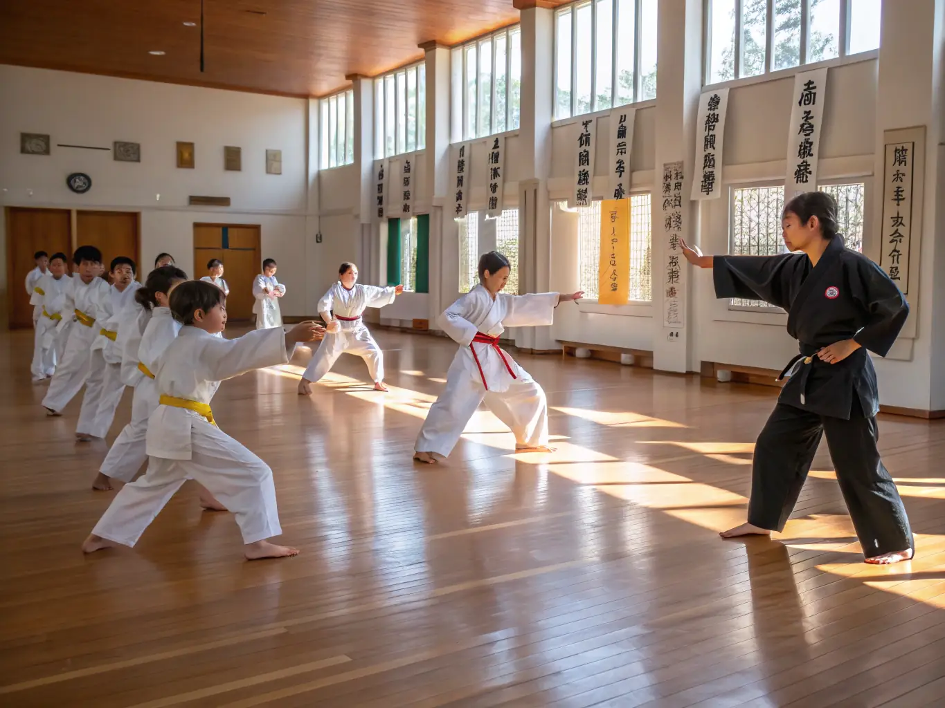 A diverse group of karate students participating in a kumite (sparring) session, demonstrating controlled combat and technique application.