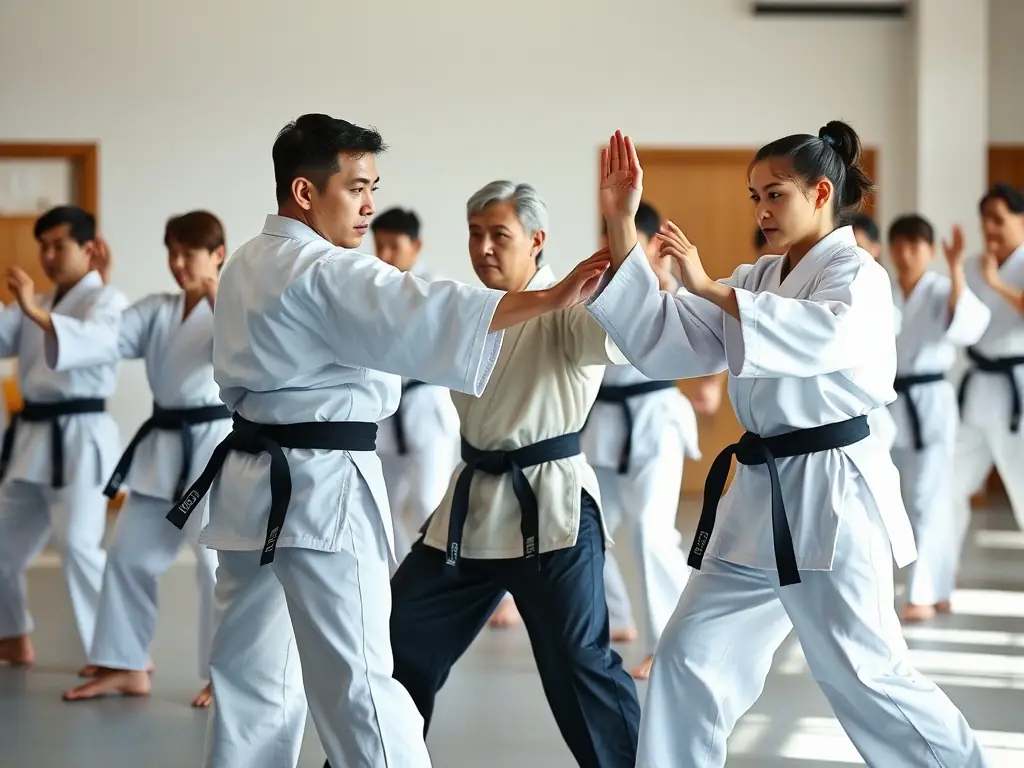 Adults in karate uniforms practicing a synchronized kata (form) in a dojo, showcasing precision and power.