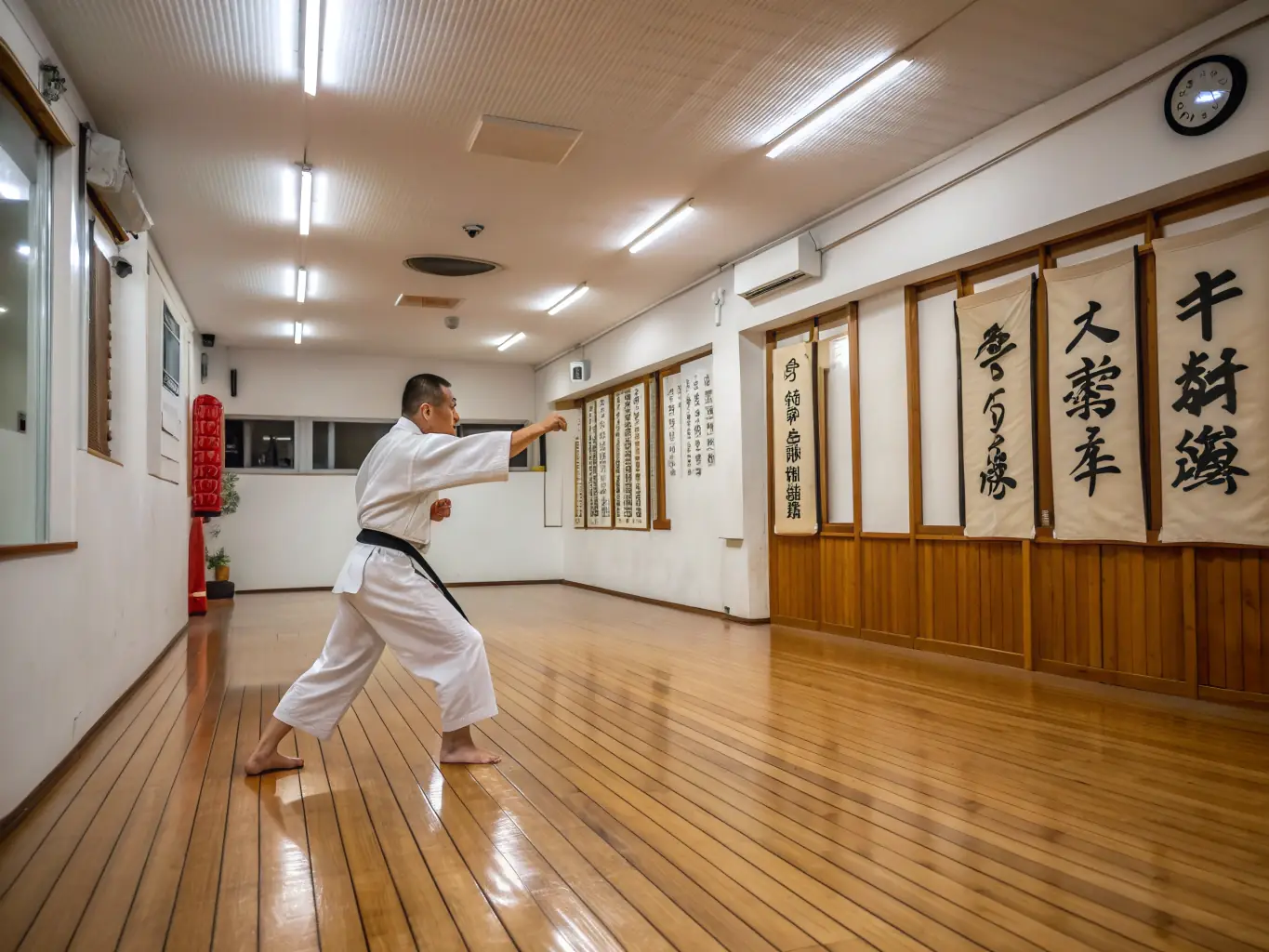 Adults in karate uniforms practicing advanced kata techniques in a traditional dojo setting. The instructor is providing guidance and corrections.