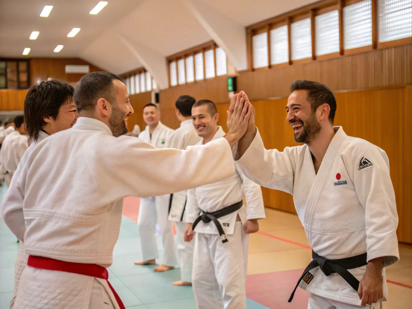 A candid shot of karate students laughing and interacting positively after a training session. The image captures the supportive and friendly community at SHOTOKAN KARATE DES CORBIERES, where students encourage and motivate each other.
