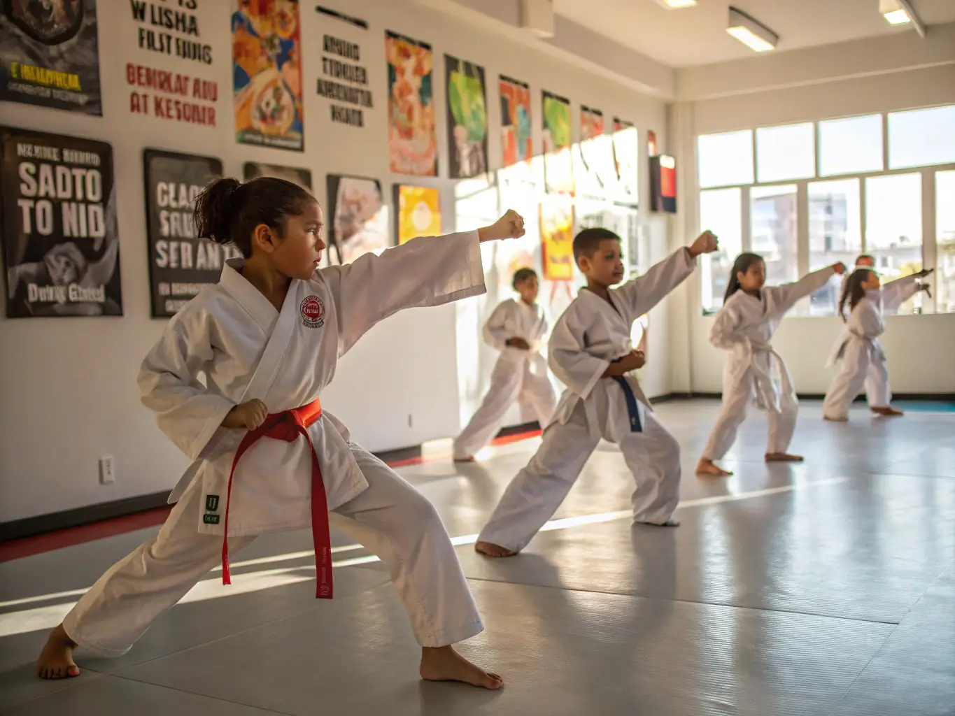 A group of children aged 8-12 practicing basic karate stances in a dojo, led by an instructor. The atmosphere is encouraging and supportive.