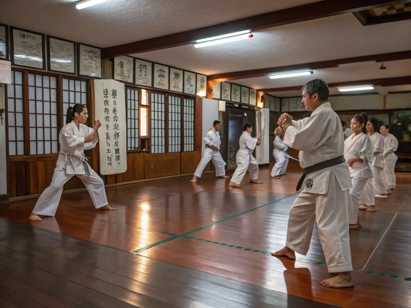 A photo of a diverse group of karate students of varying ages and skill levels, attentively listening to their instructor in a traditional dojo setting. The atmosphere is focused and respectful, showcasing the disciplined environment of SHOTOKAN KARATE DES CORBIERES.